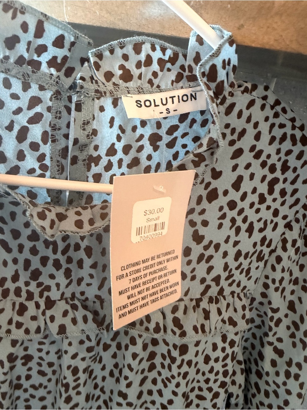 High-Neck Blue Leopard Print Ruffle Blouse - Picture 3 of 8